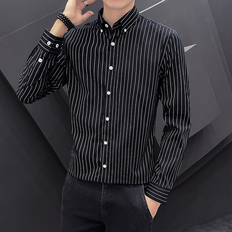 秋季男士黑白条纹长袖衬衫韩版潮流帅气白衬衣男商务休闲百搭寸衫