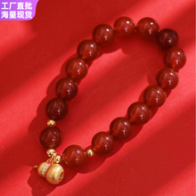 现货天然红玛瑙串珠手串女s925纯银镀厚金古法银拉丝葫芦吊坠手链