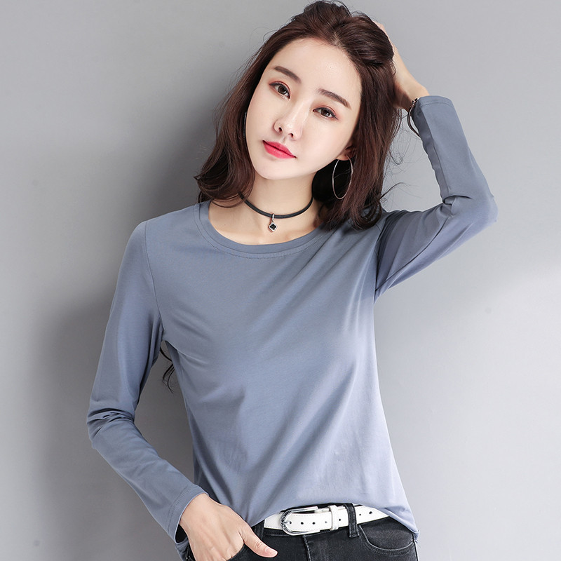 纯色棉t恤女长袖2021春装新款时尚洋气体恤上衣宽松显瘦打底衫