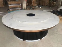 竖条桶电动餐桌 岩板自动圆桌 新中式转动餐桌配套餐椅
