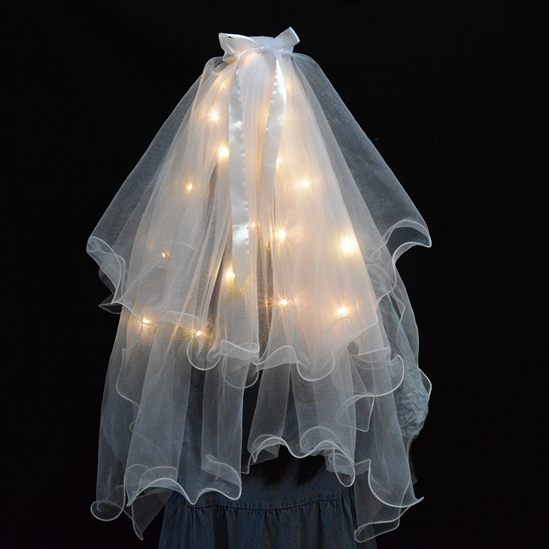 Veil Headdress Super Mori Internet Celebrity Children's Luminous Photo Props Bride's Main Wedding Dress License Registration White with Light