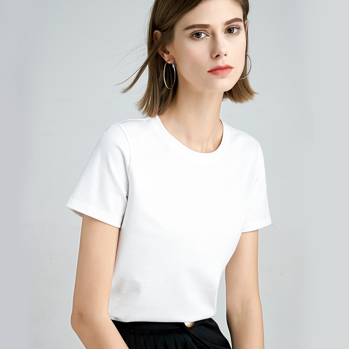 丝光棉莫代尔t恤女短袖黑色正肩t恤夏季女装宽松v领1688棉t纯色