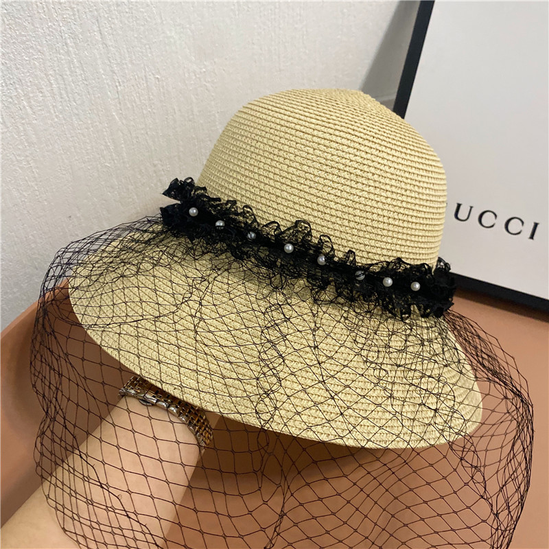 法式赫本优雅网纱宽檐草帽 出游海边沙滩帽 日系珍珠蕾丝渔夫帽子