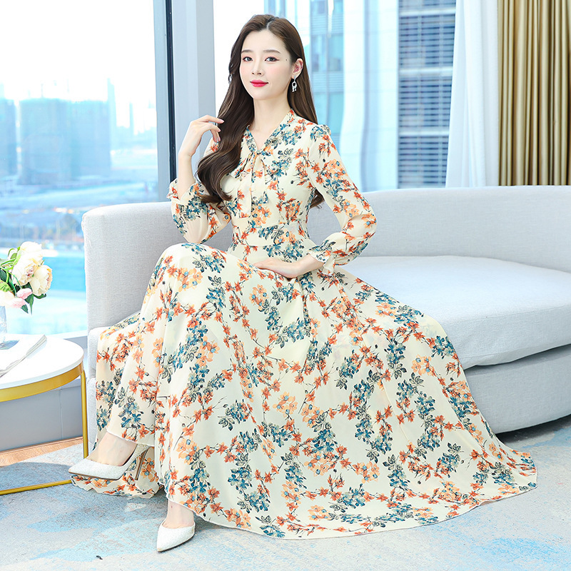 外贸连衣裙碎花长款雪纺女2024新款春夏长袖英伦风修身大摆长裙