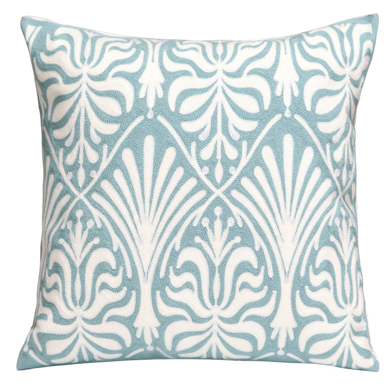 New Design Gardenia Embroidered Pillow Cover Sofa Square Pillow Waist Pillow Blue Full Embroidery Cushion Cover Ins
