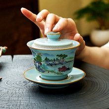 天青汝窑创意高端盖碗360度出水三才盖碗茶具大号盖碗手绘盖碗