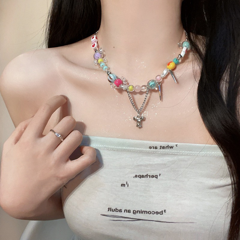 Color Dopamine Necklace Female Candy Color Beaded Tassel Clavicle Chain Light Luxury Minority Ornament Sweet Cool Hot Girl Necklace