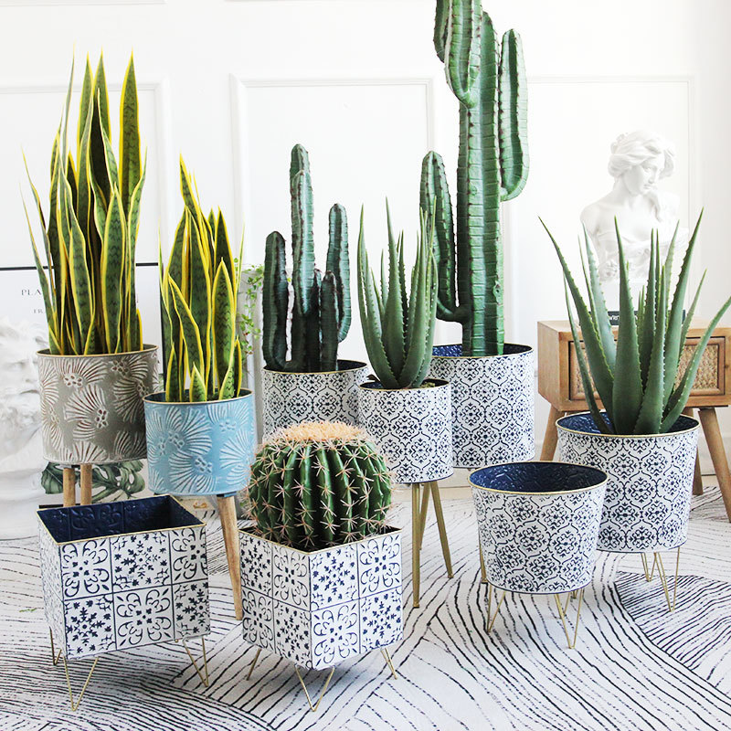 工厂北欧铁艺落地花盆大号带脚复古简约雕花装饰花器家居绿植盆栽