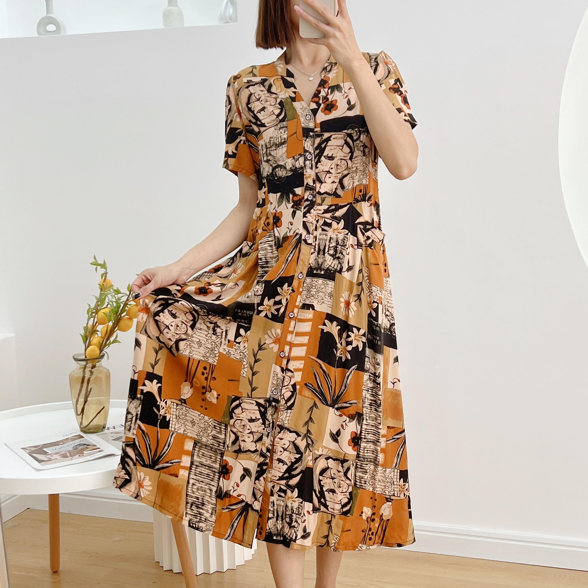 夏季新款人造棉中长款连衣裙大码时尚v领短袖韩版外穿显瘦绵绸裙