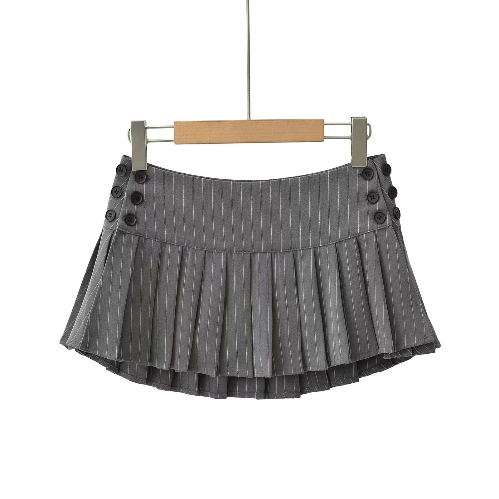 灰色细条纹百褶裙半身裙女秋冬欧美风辣妹低腰迷你短裙-阿里巴巴