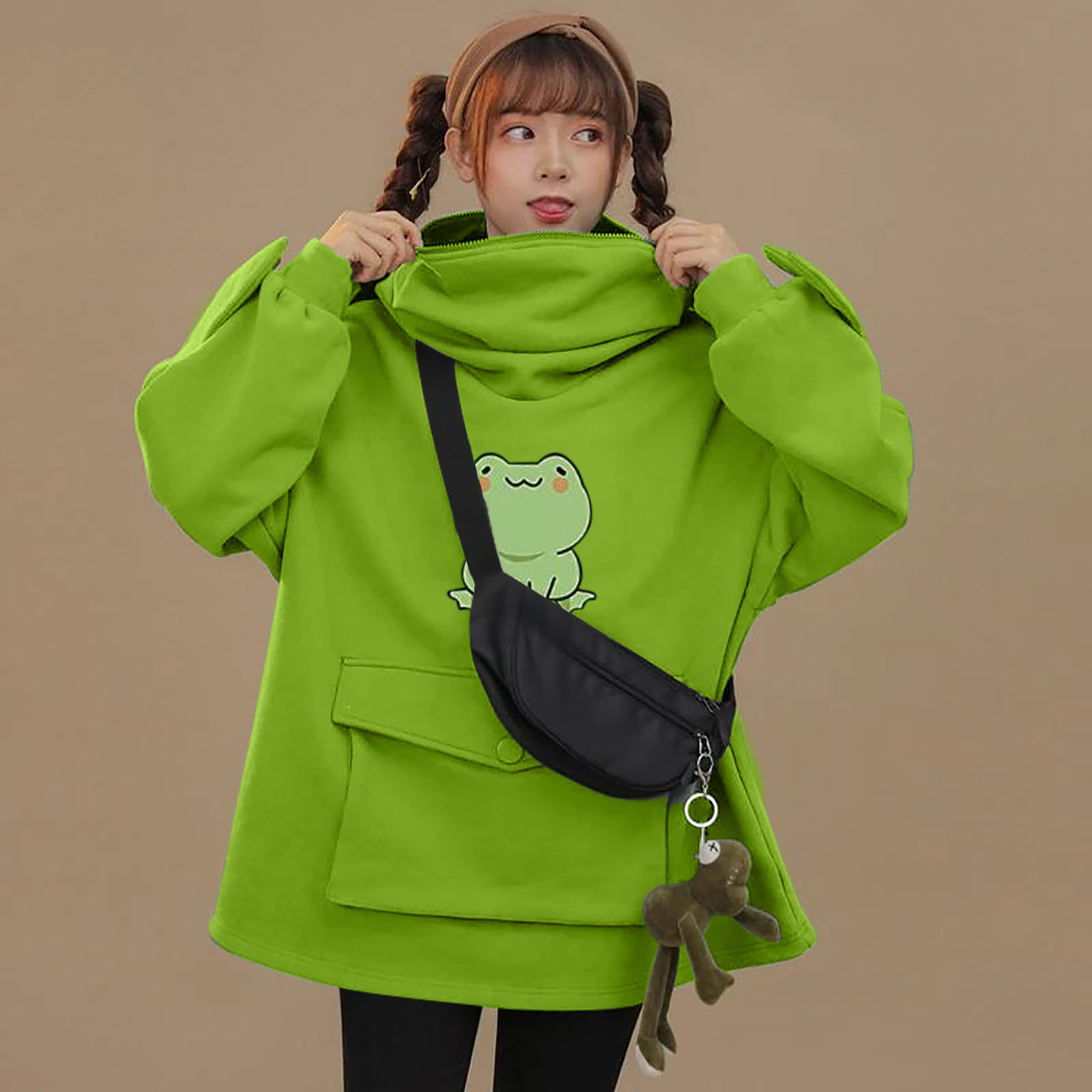 秋冬新款chic加绒卫衣女中长款设计感超萌青蛙连帽慵懒风外套上衣