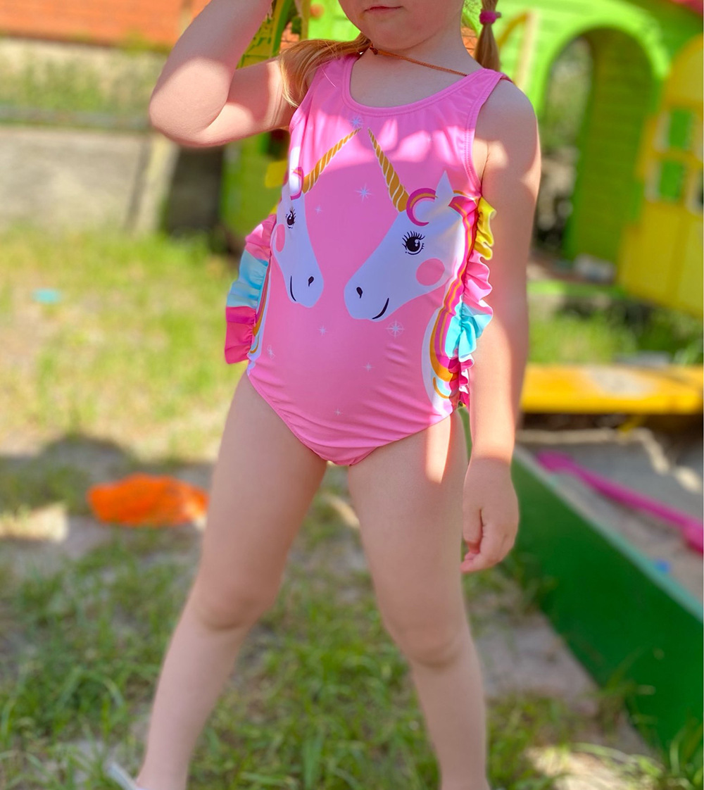 New Children's Swimsuit Girls' Cartoon Unicorn One-Piece Swimsuit Ruffled Girls Swimwear