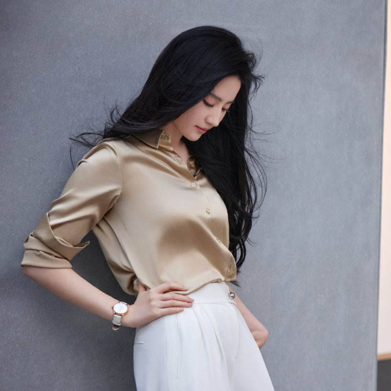 现货明星同款刘亦菲真丝衬衫秋季新款女装长袖女士衬衣桑蚕丝上衣