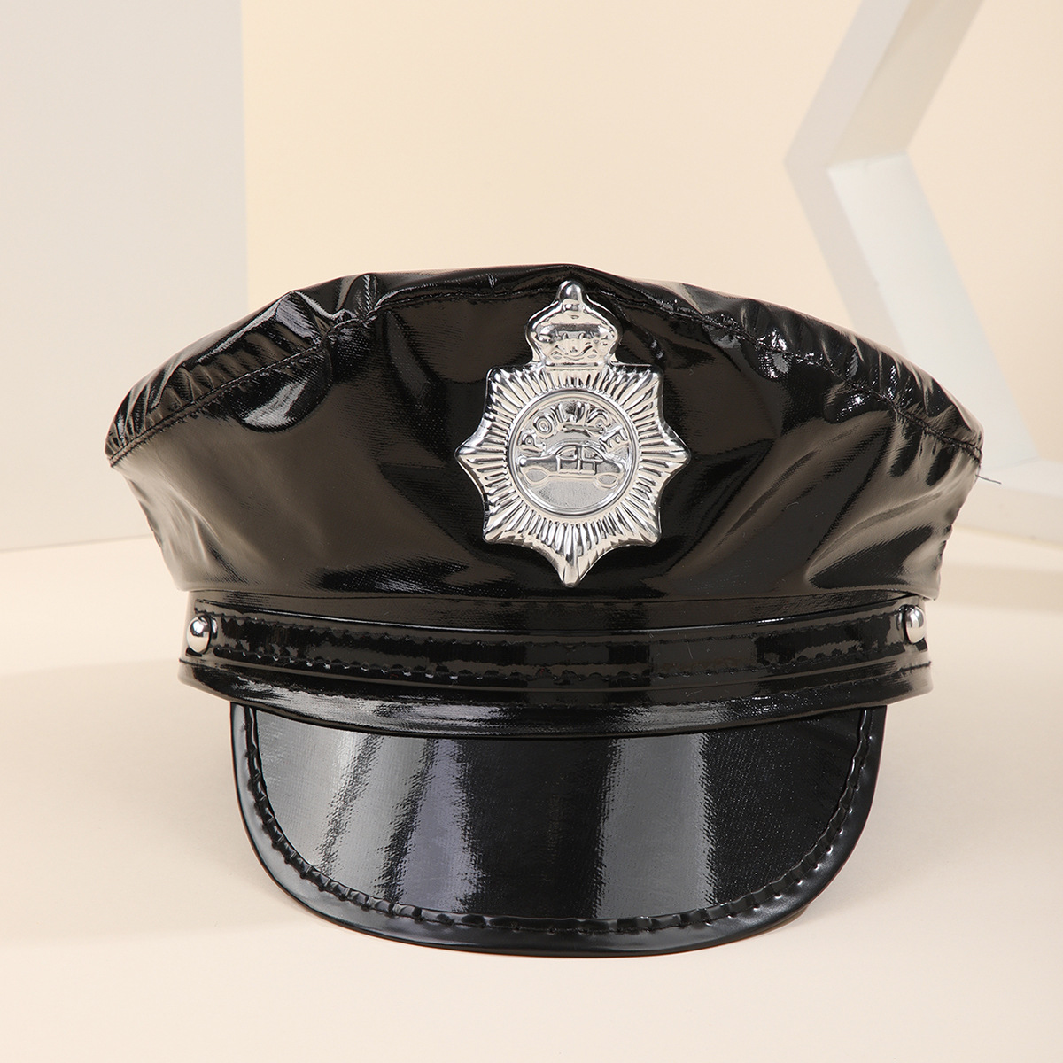 黑色皮八角警察帽成人男女情趣配饰制服帽派对表演外贸美国八角帽