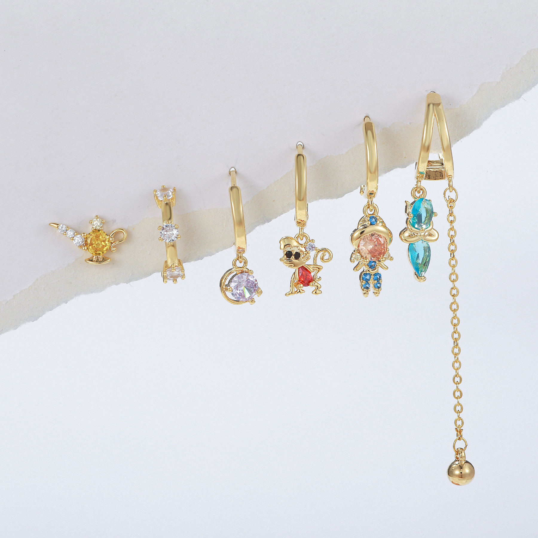 Cartoon Fashion Fairy Tale Princess Girl Zircon Earrings Female Sweet Asymmetry Tassel Ear Clips Earrings 6-Piece Set