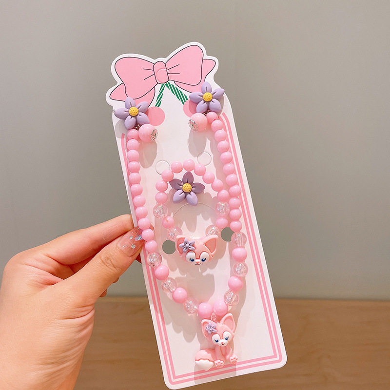 Children's Necklace Bracelet Ring Jewelry Set Little Girl Flower Earrings Baby Princess Cartoon Jewelry 5-Piece Set