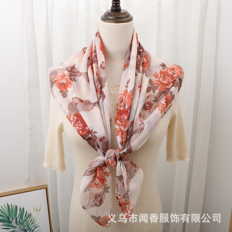 Rose Print 90 Square Scarf Voile Thin Cotton and Linen Soft Scarf Sunscreen Scarf Small Shawl Toe Cap Warming Kerchief