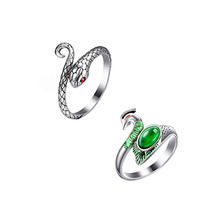 复古做旧蛇形戒指  简约时尚缝纫勾线绿宝石凤凰活口指环批发
