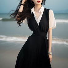法式高端精致高级感超好看气质绝美假两件黑色雪纺衬衫连衣裙子夏