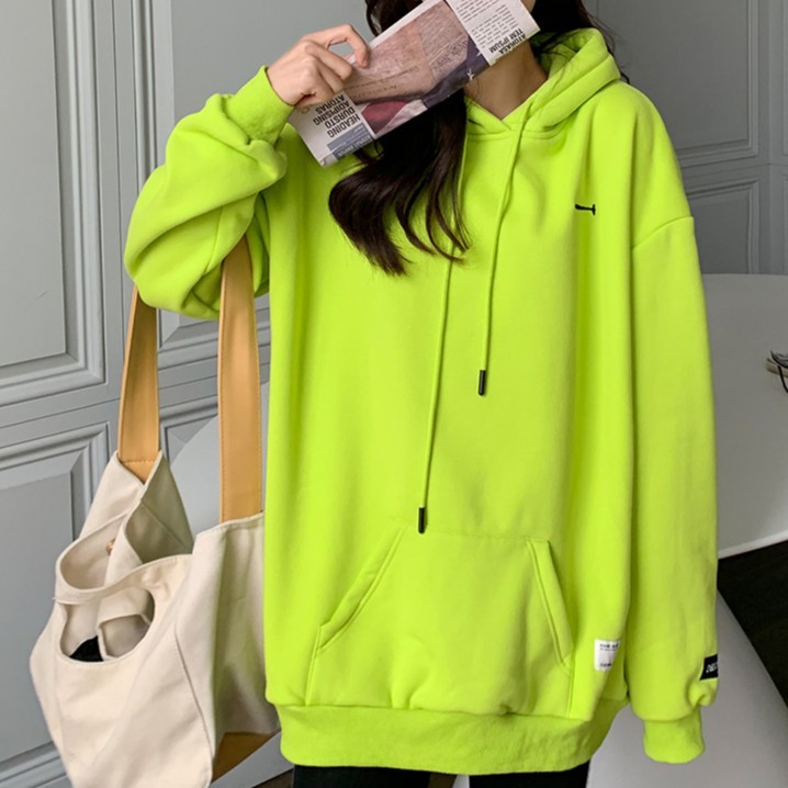荧光绿连帽卫衣女2022年新款oversize春秋款上衣设计感小众慵懒风