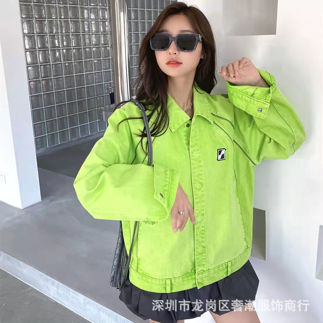 2021冬季一比一南油三标全牛仔外套女we11荧光绿夹克外套修身
