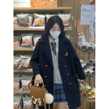 实拍现货 夹棉表参大冬季jk大衣中长款徽章双排扣毛呢外套学院风