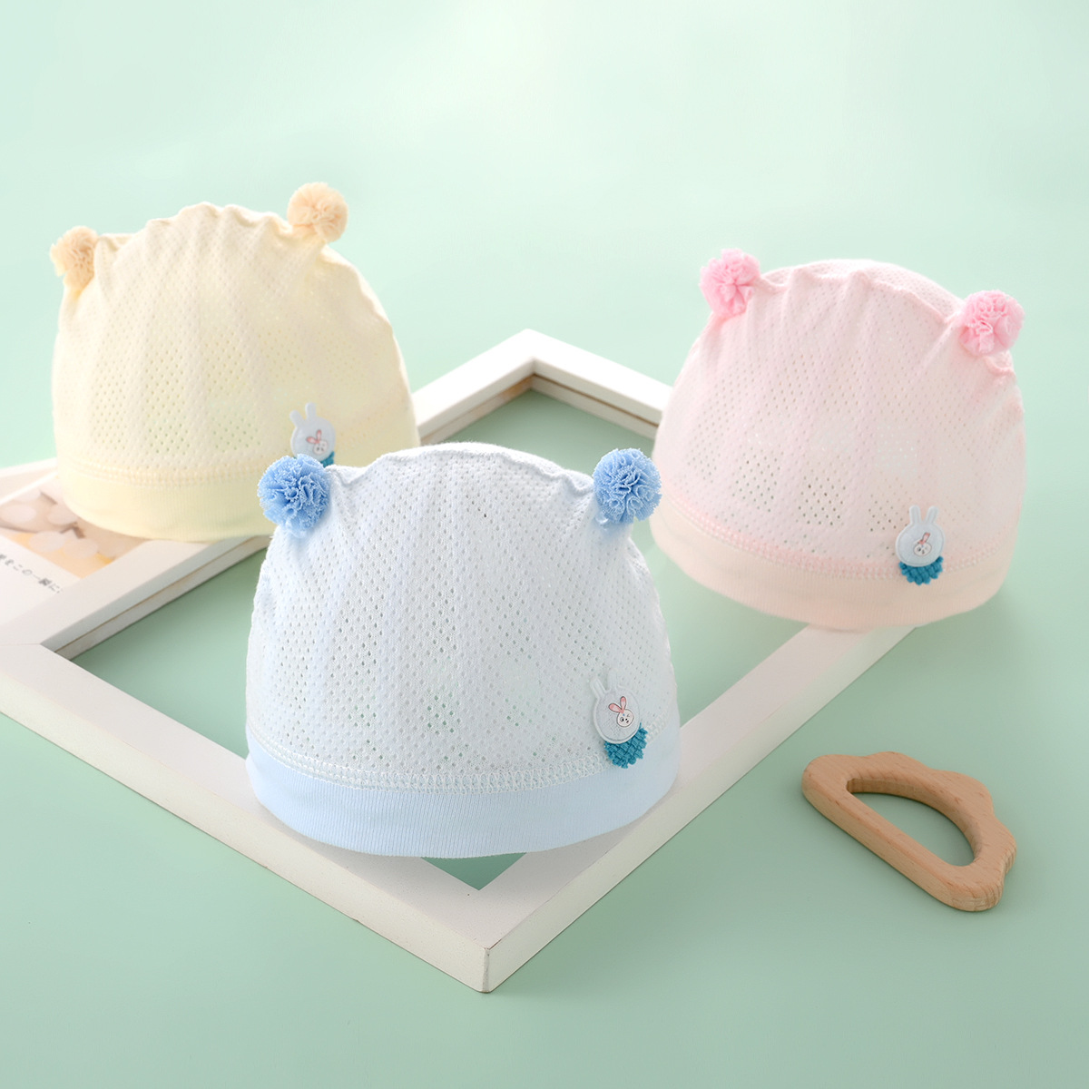 Newborn Hat Baby Summer Single Layer & Thin Mesh Newborn Male and Female Baby 0-3 Months Full Moon Mesh Fitted Cap 1