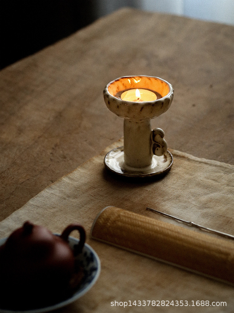 粗陶烛台手捏 古朴陶器黑陶蜡烛台 灯台中式复古 陶土茶席摆件