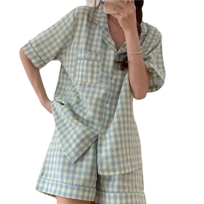 Ins Fresh Pajamas Women's Summer Short Sleeve Shorts Korean Cardigan plus Size Korean Style Japanese Style Home Wear Two-Piece Suit