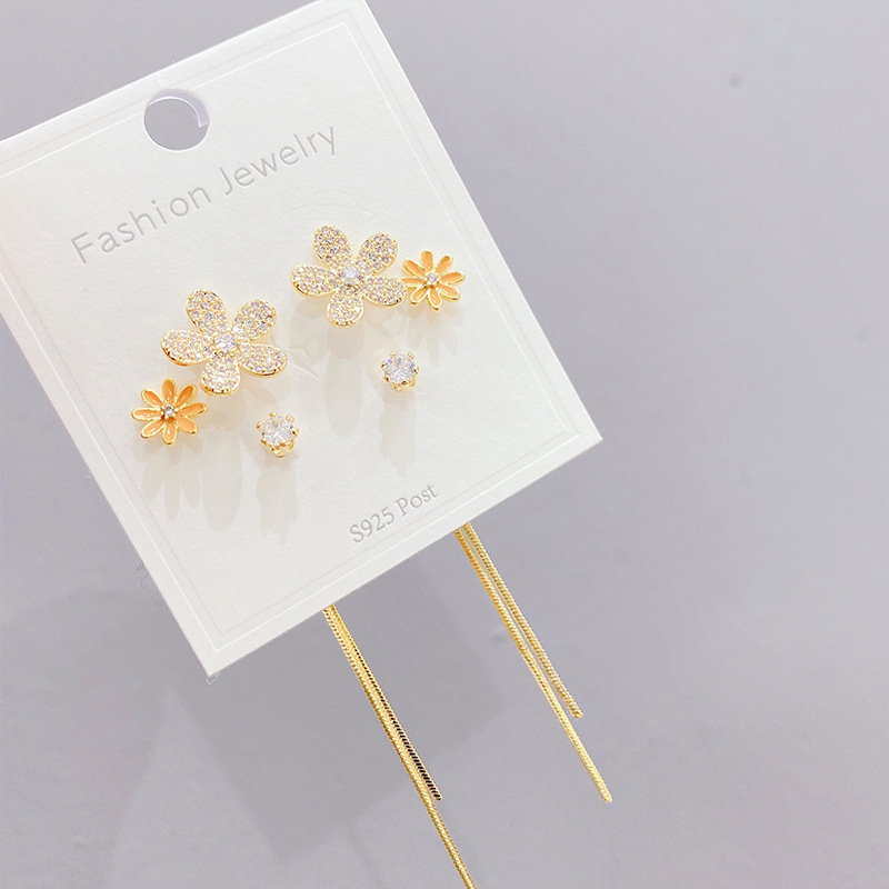 Korean Style Simple Graceful Petal Fringed Earrings Sterling Silver Needle Stud Earrings Three Pairs Set Eardrops for Women Ear Rings