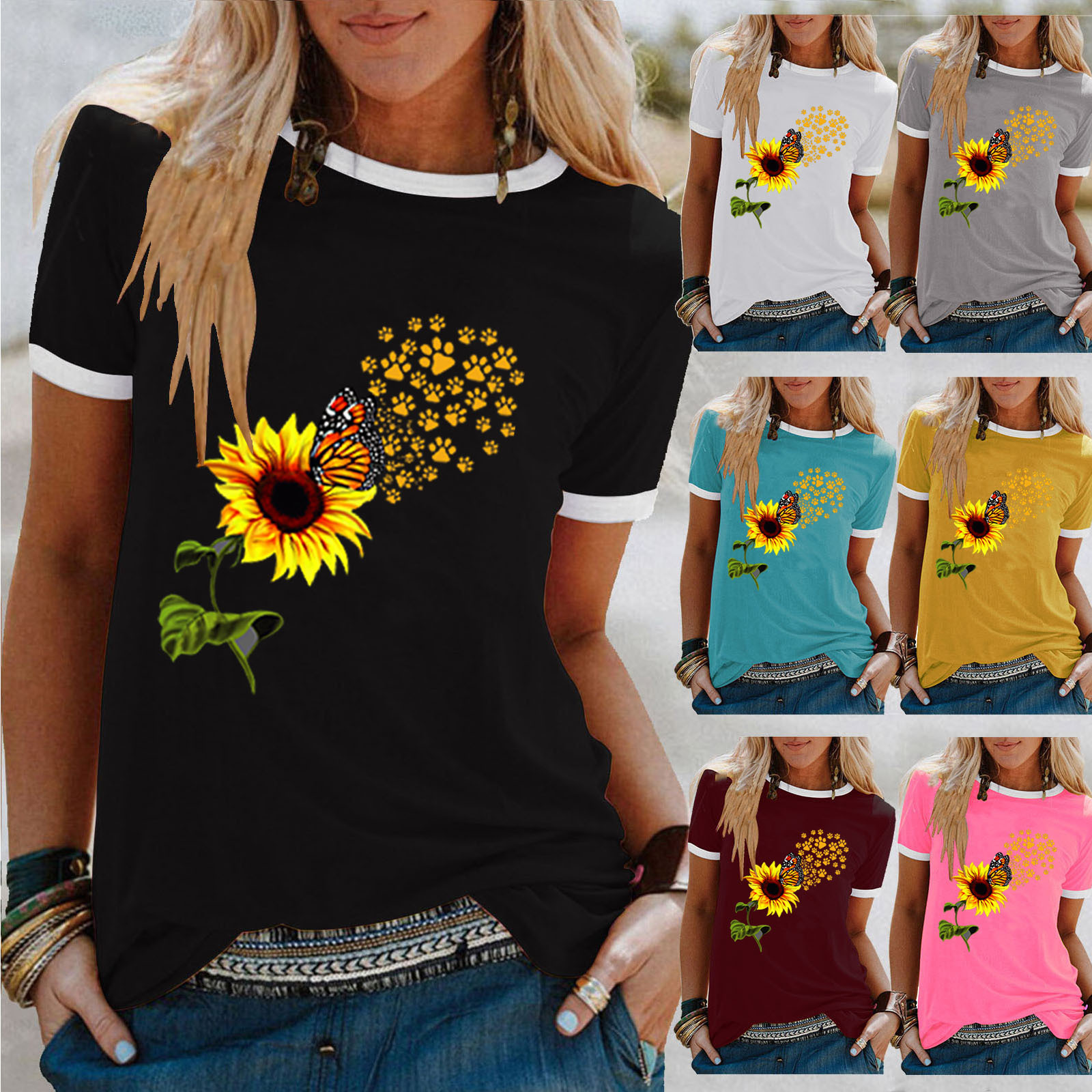 2021夏季新款热卖 亚马逊女上衣 向日葵印花 宽松圆领短袖t恤女