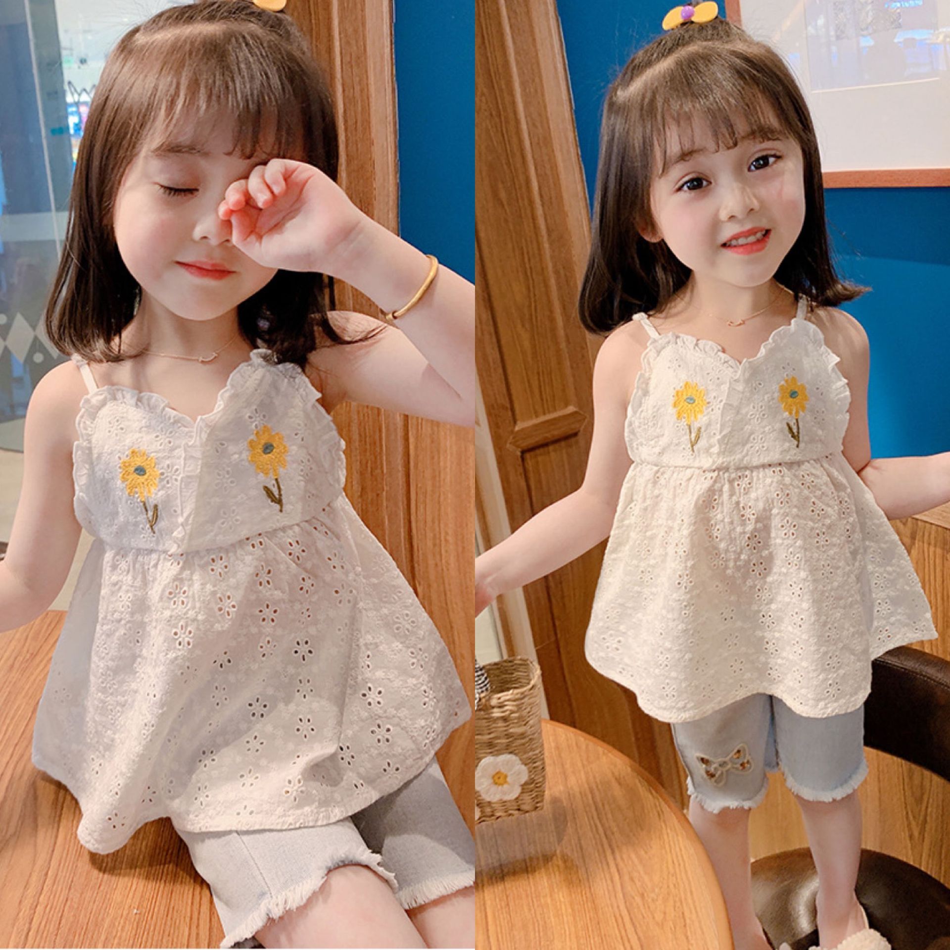 儿刺绣吊带上衣女童甜美娃娃衫3-8岁童装一件代发