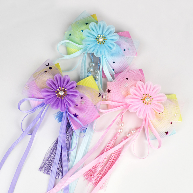 1151号材料包 古风花朵飘带发夹手工diy自制儿童蝴蝶结头饰送教程