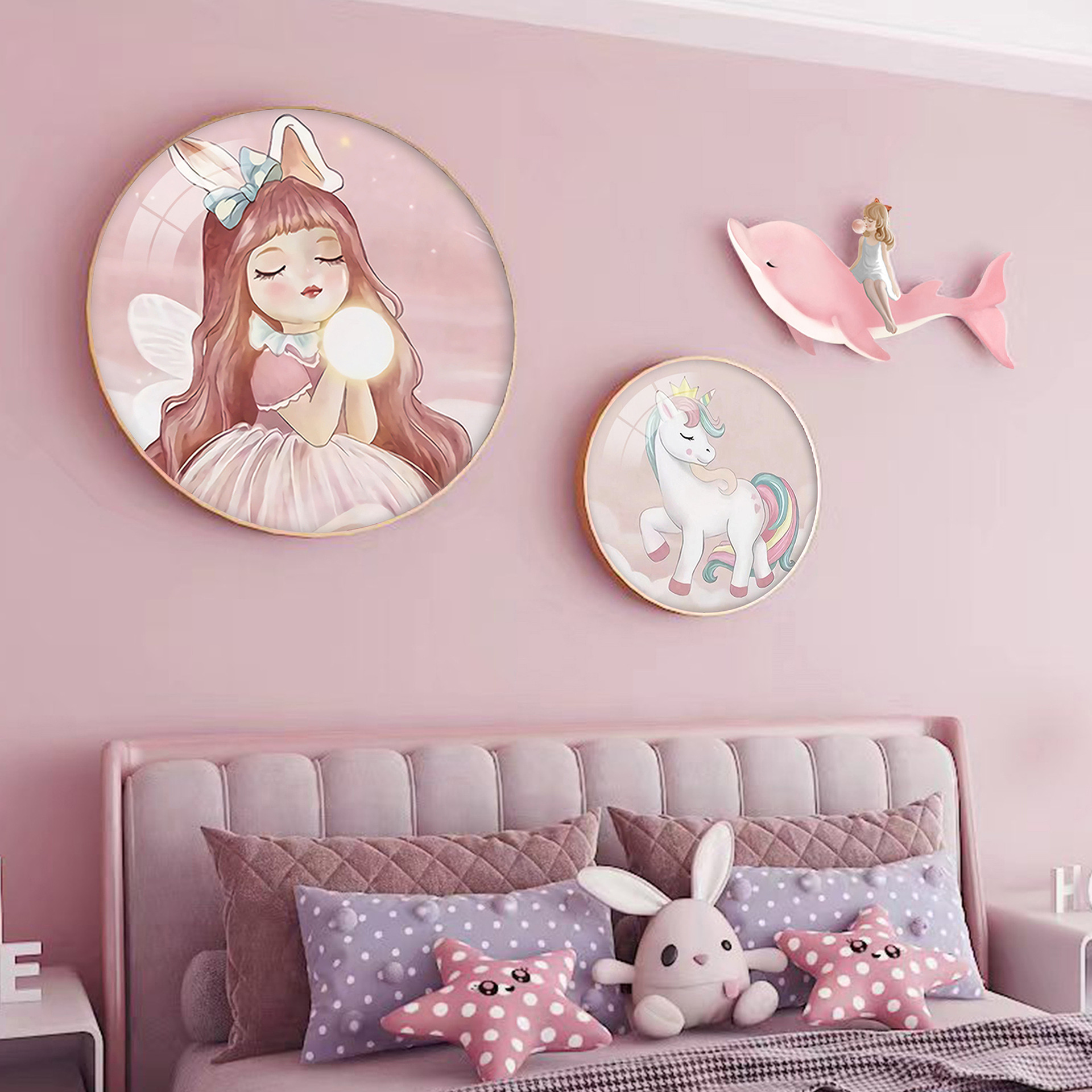 创意北欧儿童房卧室床头装饰画圆形挂画粉色女孩房间布置墙面壁画