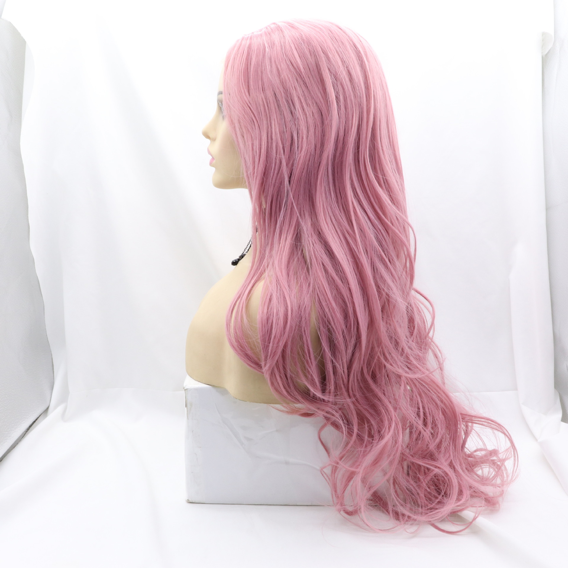 亚马逊跨境电商前蕾丝假发女粉色长卷发化纤高温丝假发女舞会cos