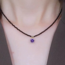 黑色珠子方糖紫水晶项链女气质轻奢小众高级感锁骨链网红百搭颈链