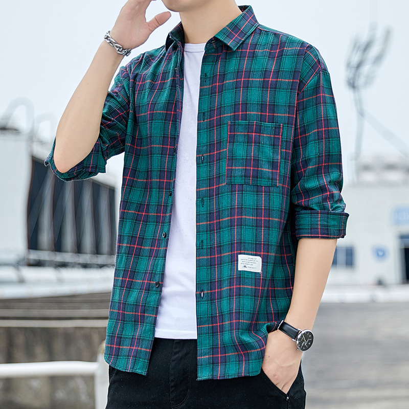 休闲格子衬衫男士港风潮牌长袖情侣衬衣宽松日系外套寸衫衣服外贸