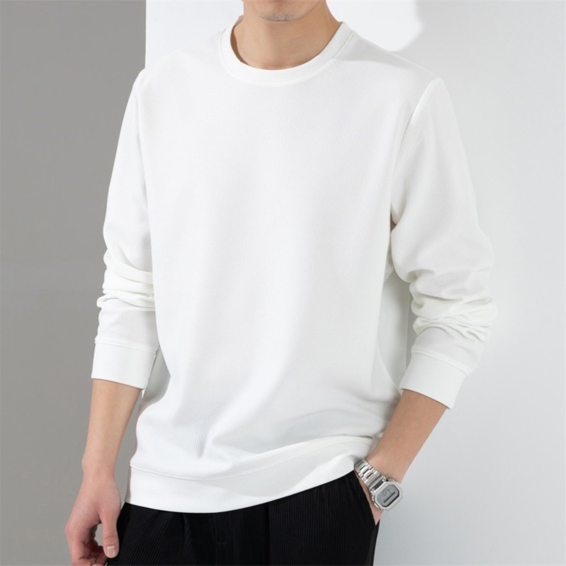 round Neck Waffle Sweater Men's Spring Thin round Neck Long Sleeve T-shirt 2023 New Bottoming Top