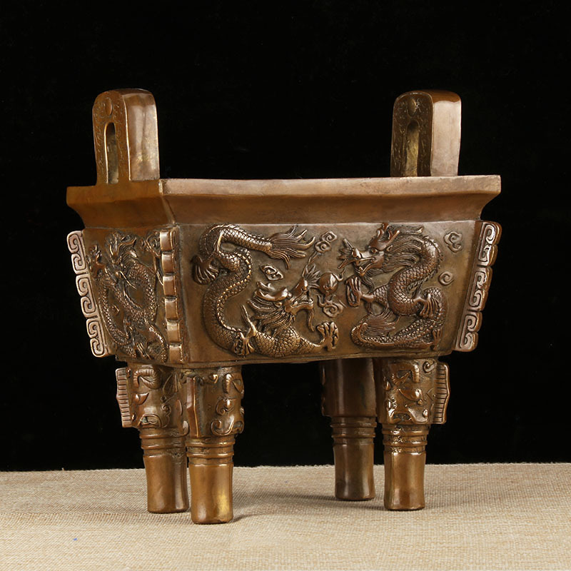 铜鼎摆件四方鼎 铜鼎香炉办公桌 铜双龙鼎