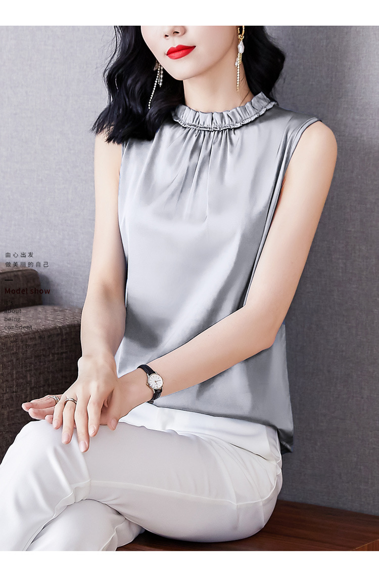 无袖上衣女重磅仿真丝桑蚕丝小衫女高档洋气削肩t恤露肩上衣女