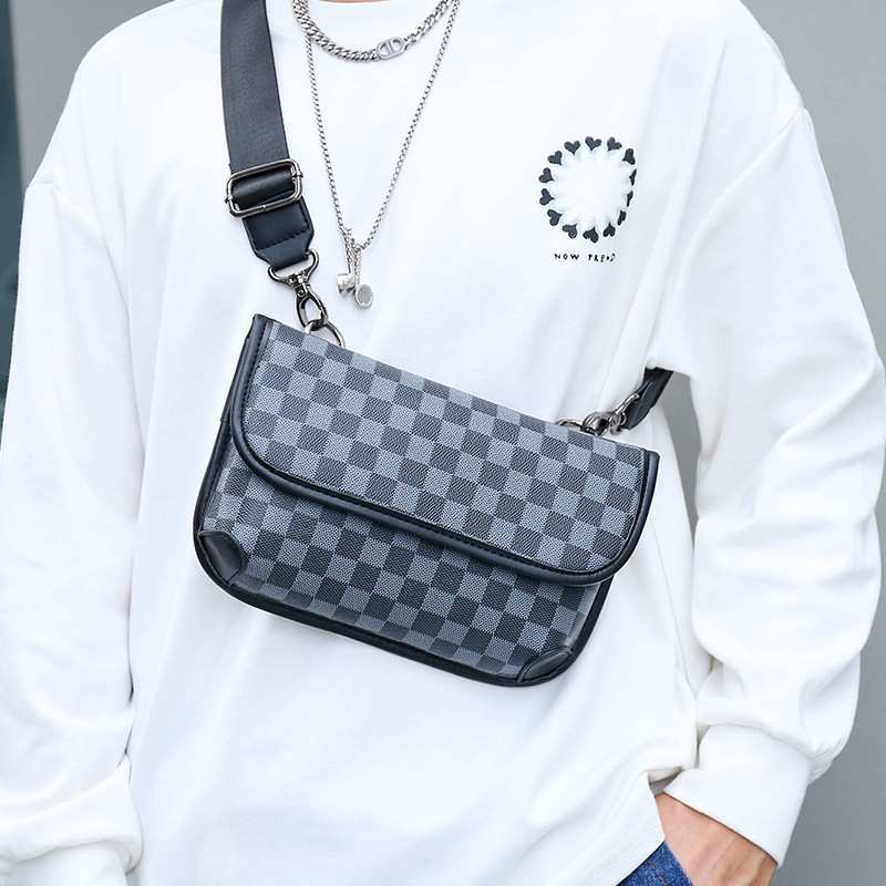 Men's Fashion Chest Bag Crossbody Bag Pu Trendy Plaid Mobile Phone Bag Shoulder Bag Waist Bag