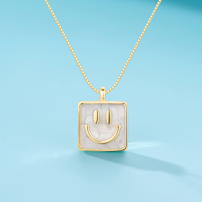 纯银s925日韩新款方形笑脸纯银小众项链时尚微笑明星同款珐琅项链