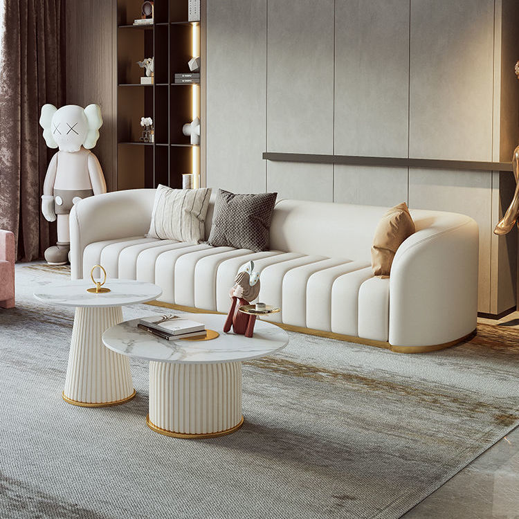 现代轻奢风沙发高端白色意大利头层牛皮直排一字型纳米科技布沙发