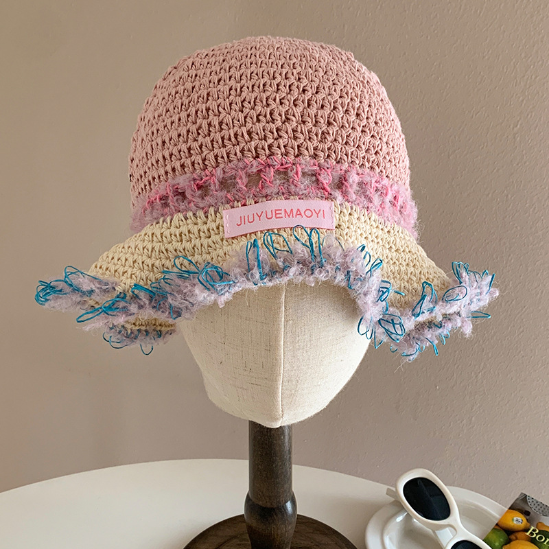 拉菲草条纹手工钩针渔夫帽镂空编织帽子女小众韩国显脸小针织帽