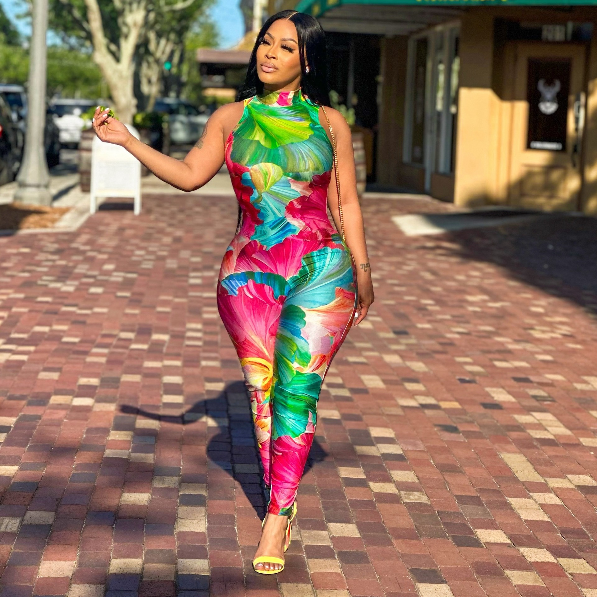 亚马逊热销外贸女装时尚印花性感无袖紧身提臀铅笔长裤连体裤女潮