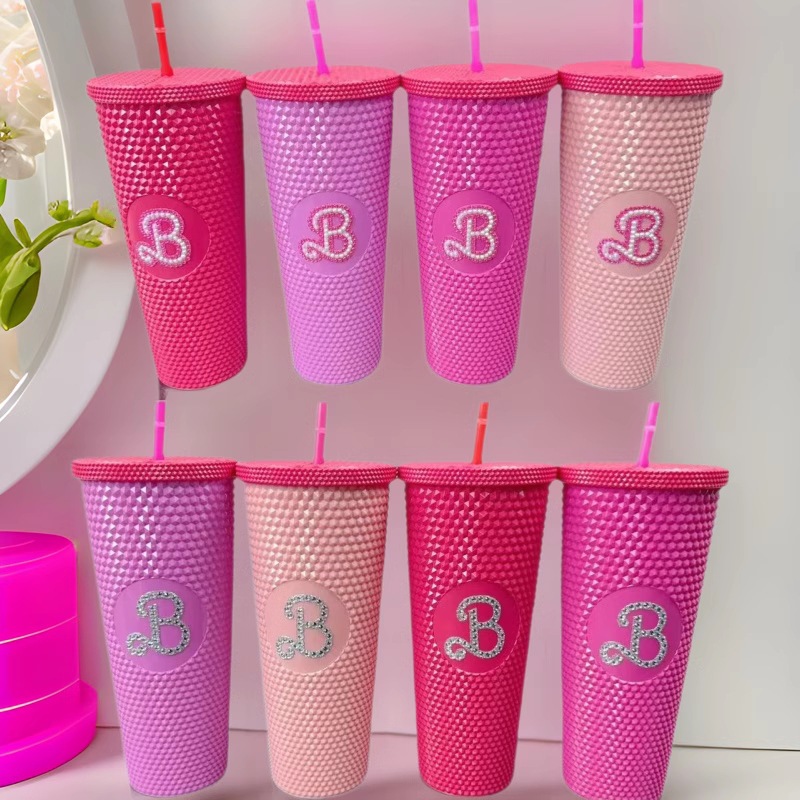 cross-border cup good-looking barbie cup water cup double-layer plastic cup large capacity cup with straw durian cup with lid