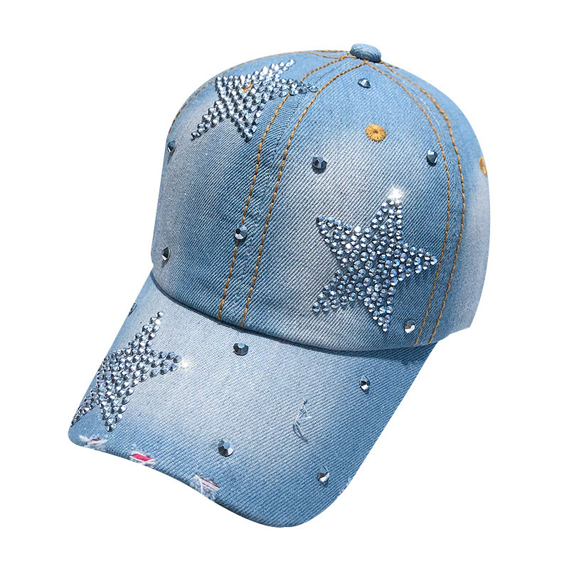 Baseball Cap Female Five-Pointed Star Letter Rhinestone Denim Peaked Cap Spring and Summer New Sunscreen Sun Hat Wholesale