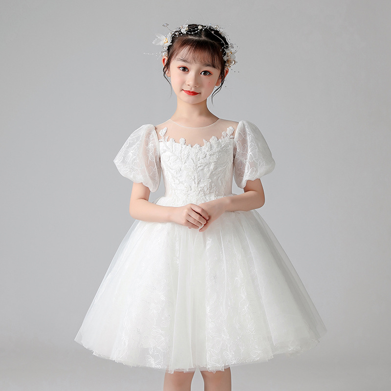 花童礼服女童婚礼公主裙钢琴表演生日白色小女孩儿童主持人蓬蓬裙