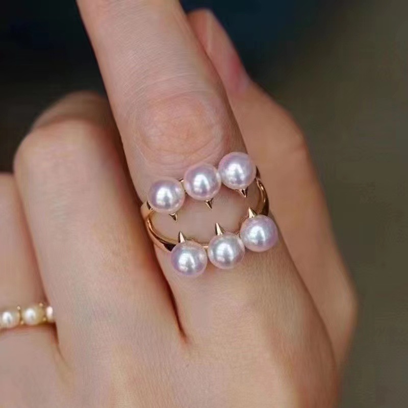 diy珍珠配件 s925纯银珍珠戒指空托 多珠款指环托女 配5-6mm圆珠