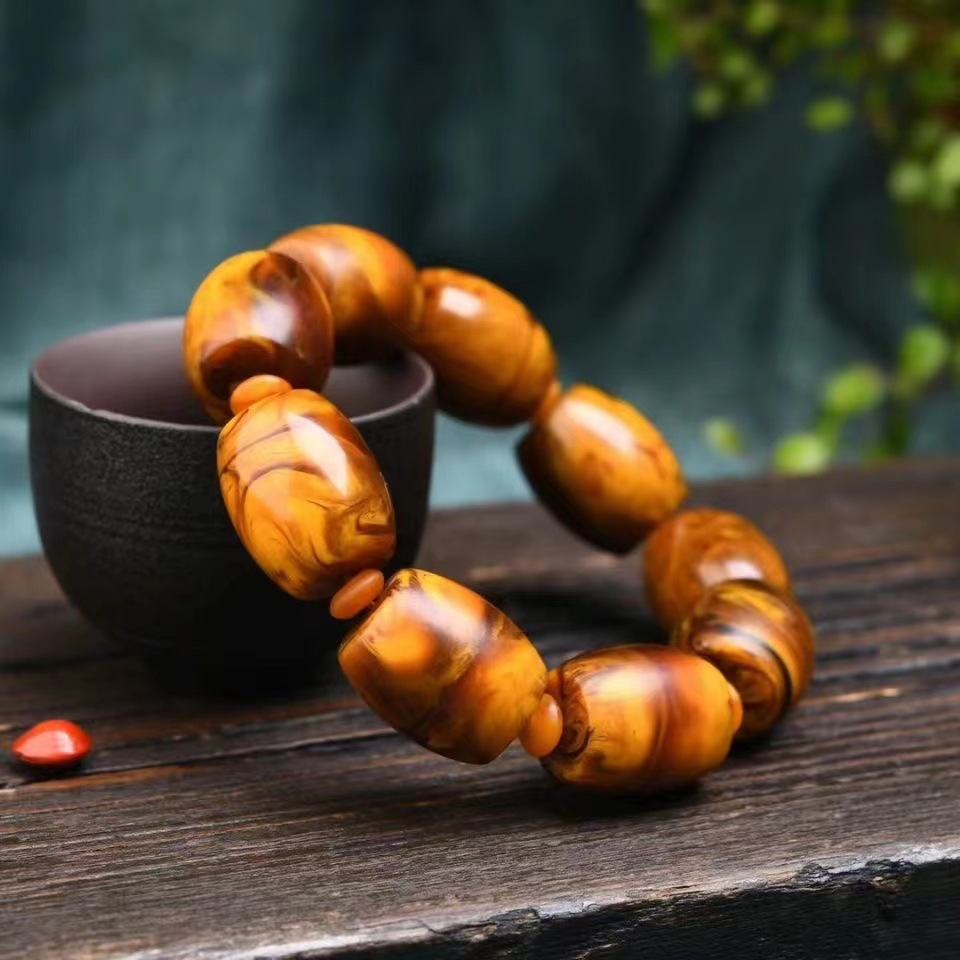 厂家直供龙涎香仿海抹香鲸灰琥珀鼓珠手串单圈男士生日礼物